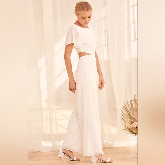 New, Toast to You White Flutter Sleeve Cutout Jumpsuit - Picture 2 of 4